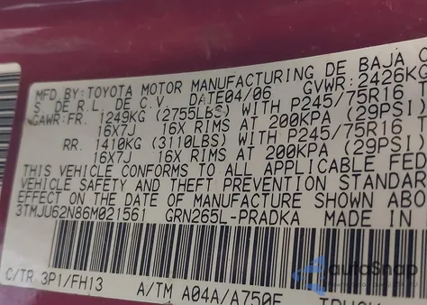 2006 Toyota Tacoma Prerunner V6 from USA, damaged, VIN 3TMJU62N86M021561
